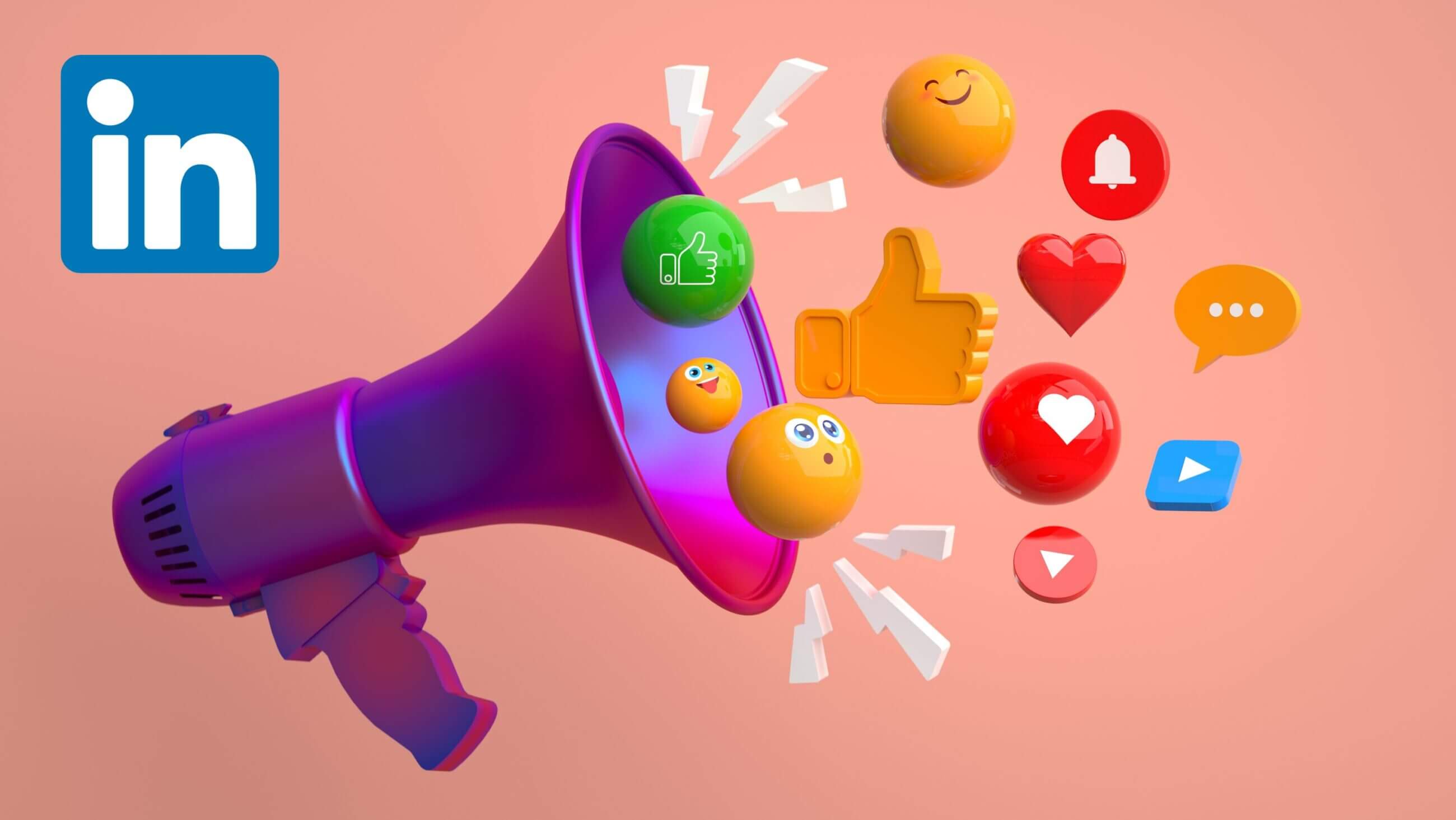 Illustration eines Megaphons mit LinkedIn-Logo, aus dem verschiedene Social-Media-Symbole wie Likes, Herzen, Smileys und Kommentare in 3D-Optik herausfliegen. Hintergrund in warmen Pastelltönen.