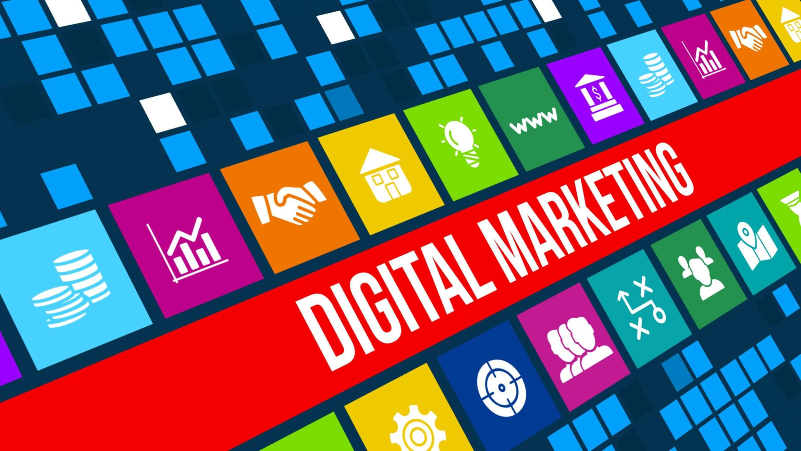 Bunte grafische Darstellung von digitalen Marketingkonzepten mit Symbolen für Finanzen, Strategie, Website, Kundenbindung und mehr. Im Vordergrund ein rotes Banner mit weißer Schrift: DIGITAL MARKETING