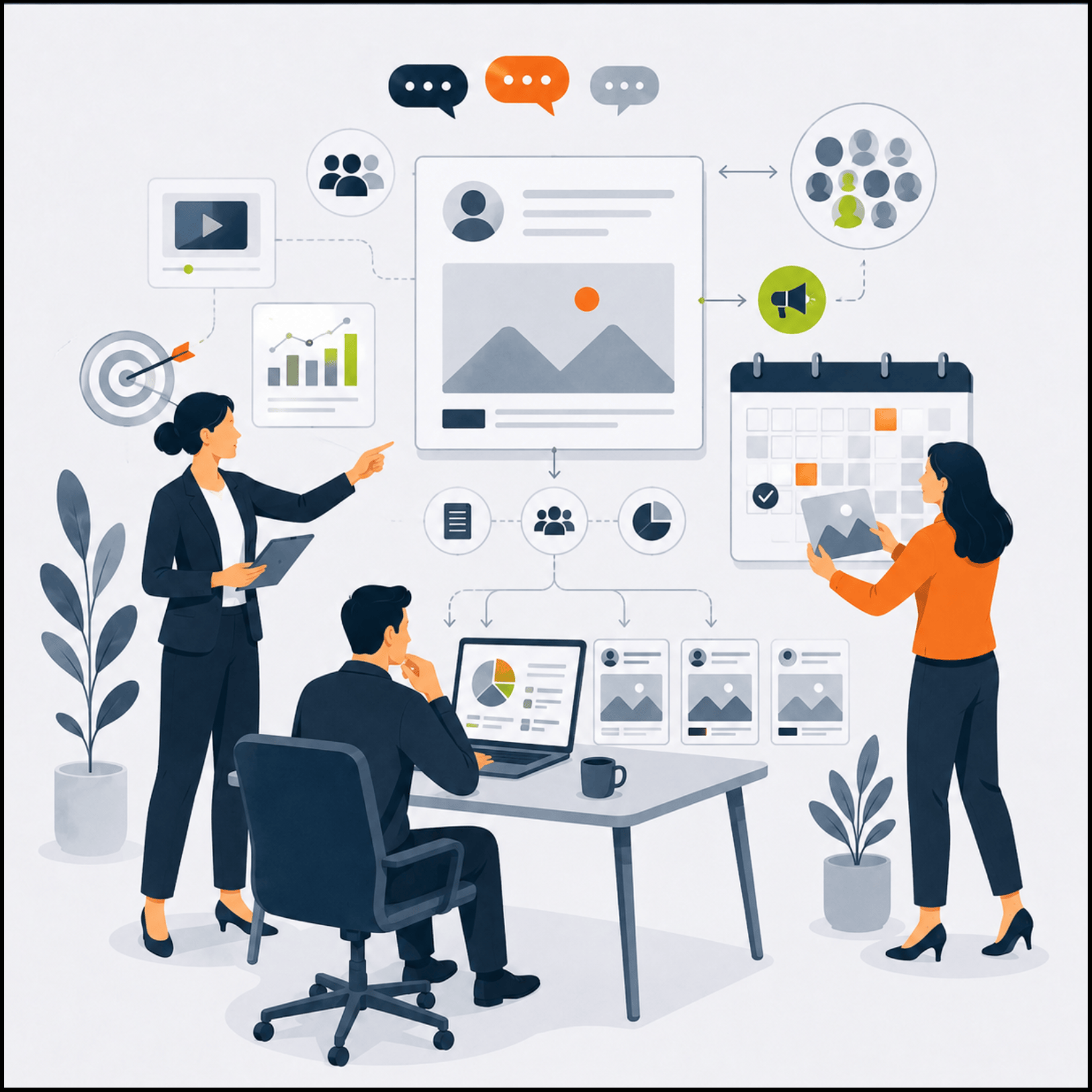 Marketing & Social Media: Illustration zur Content- und Social-Media-Strategie: Ein Team plant Beiträge, Zielgruppenansprache, Redaktionsabläufe und digitale Sichtbarkeit.