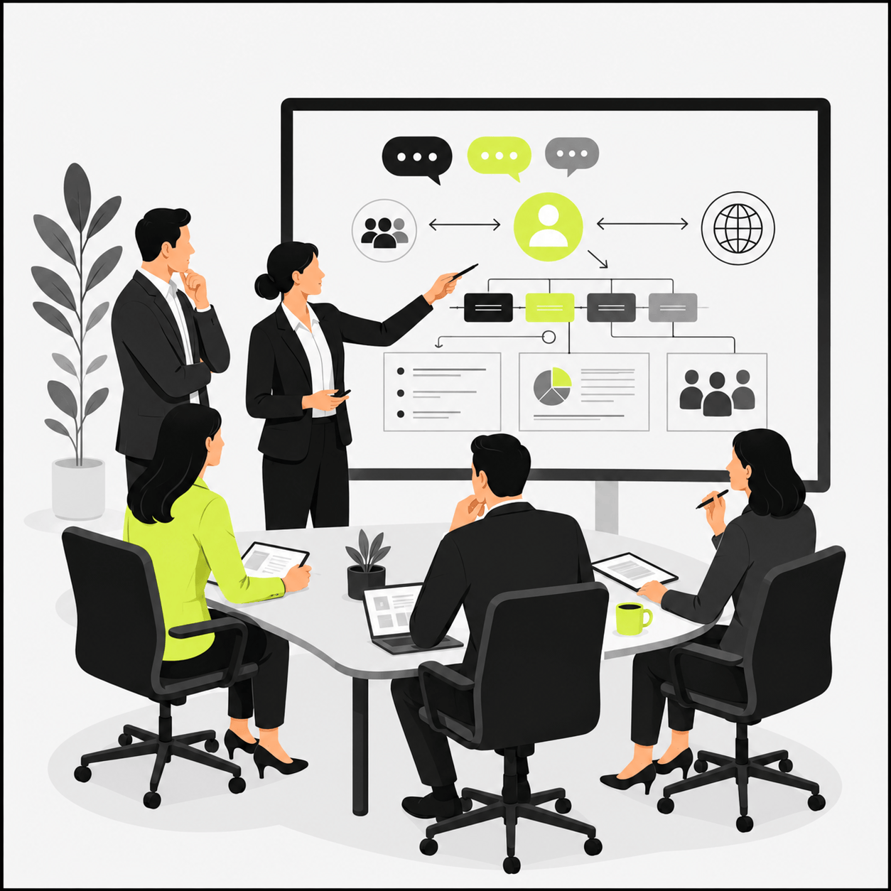 Sandra Kirstein_Corporate Communications Corporate Communications: Illustration eines Management-Meetings zur Unternehmenskommunikation: Ein Team bespricht Kernbotschaften, Stakeholder und Kommunikationsstruktur vor einem Infografik-Board.