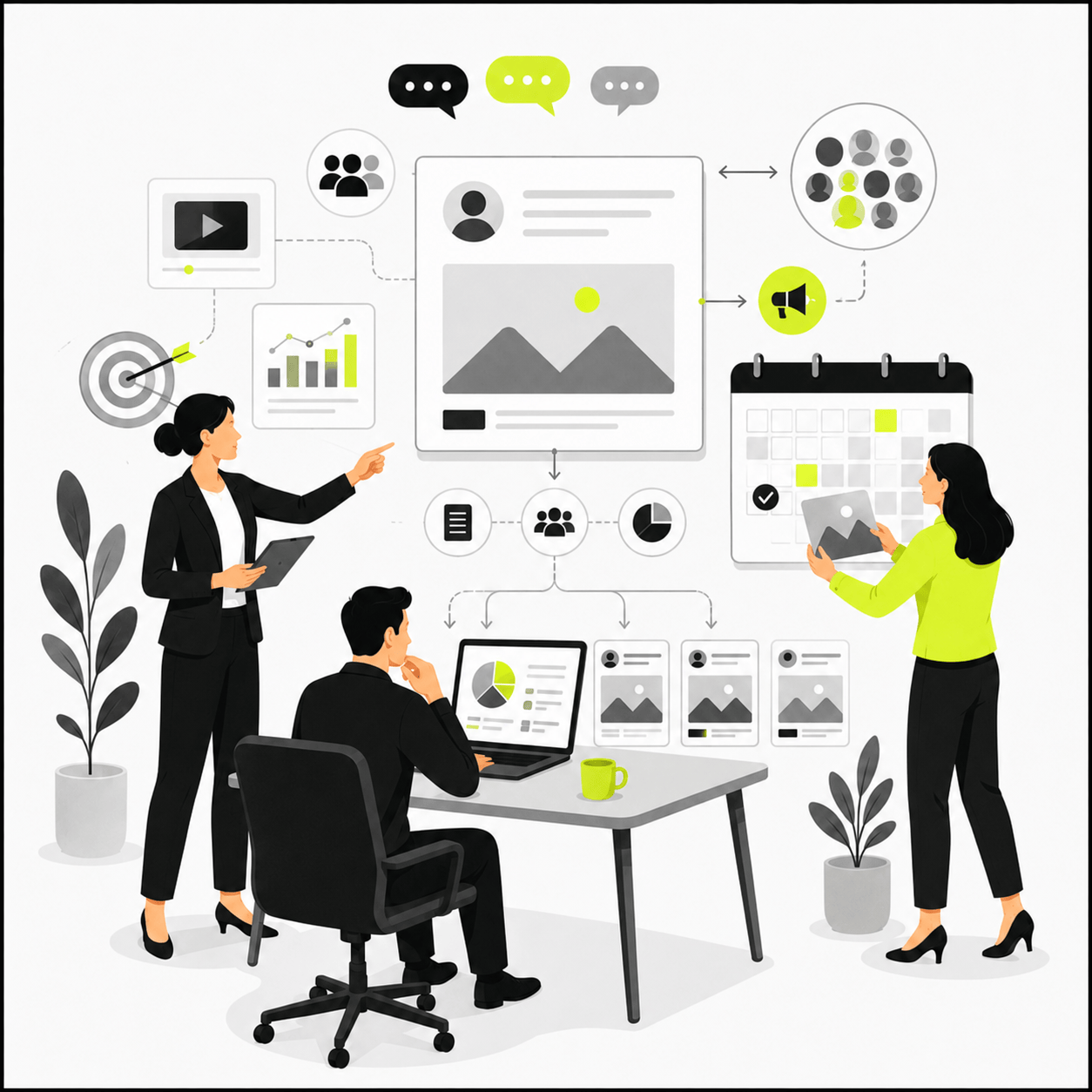 Sandra-Kirstein-marketing-Markenfarben Marketing & Social Media: Illustration zur Content- und Social-Media-Strategie: Ein Team plant Beiträge, Zielgruppenansprache, Redaktionsabläufe und digitale Sichtbarkeit.