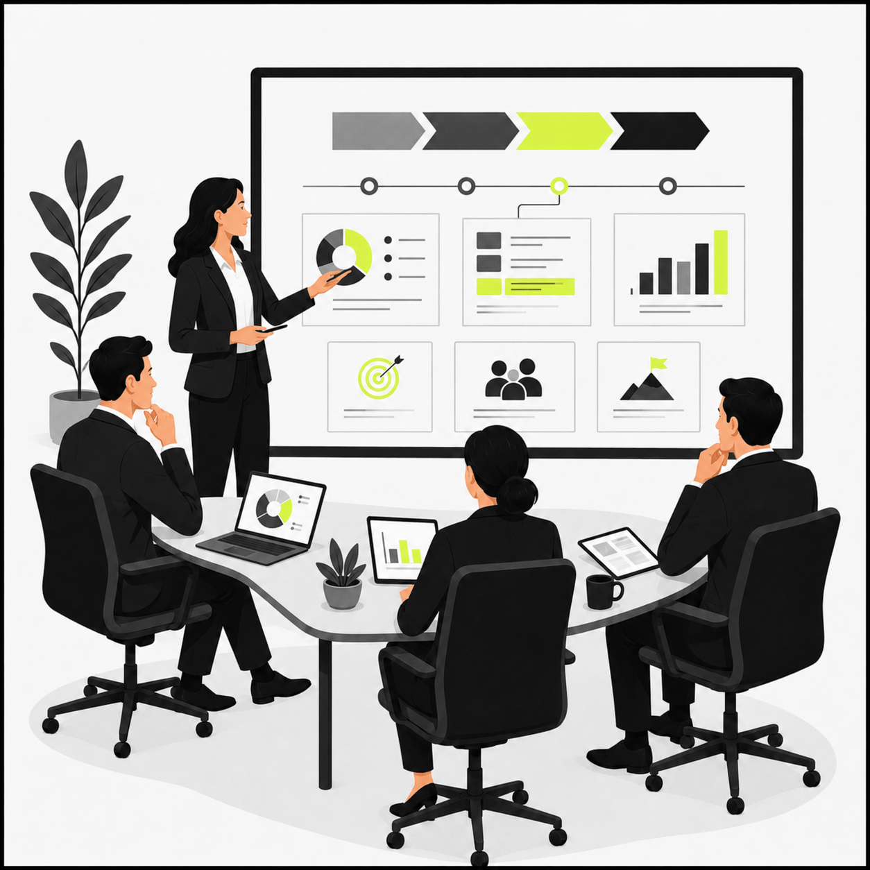 Sandra-Kirstein-presentations-Markenfarben Strategische Präsentationen: Illustration einer strategischen Präsentationssituation: Eine Beraterin präsentiert Storyline, Argumentationsstruktur und Entscheidungsgrundlagen vor einem Management-Team.