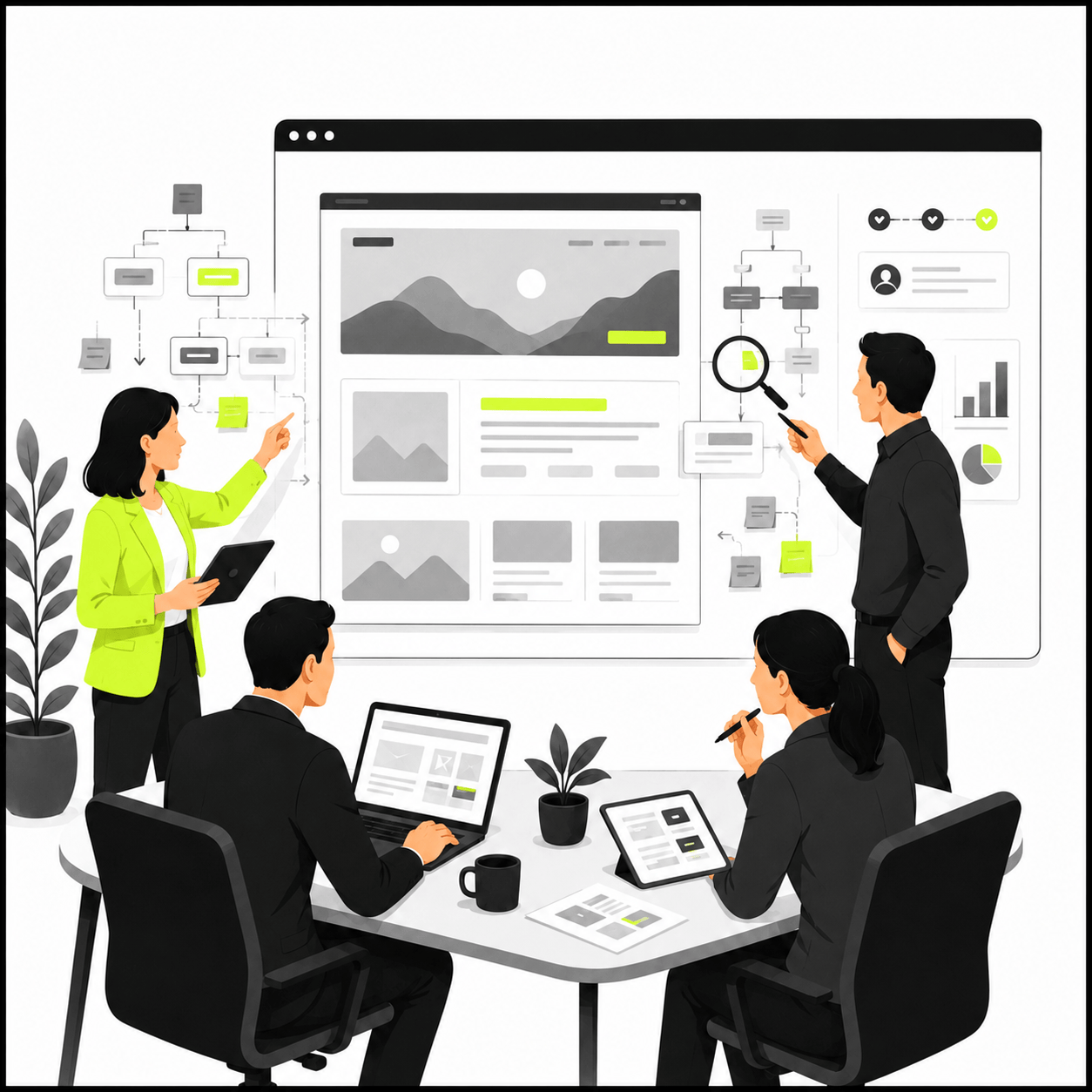 Sandra-Kirstein-website-Markenfarben Webdesign & Content: Illustration eines Website-Projekts: Ein Team entwickelt Seitenstruktur, Benutzerführung und Inhalte vor einem grossen Website- und Wireframe-Board.